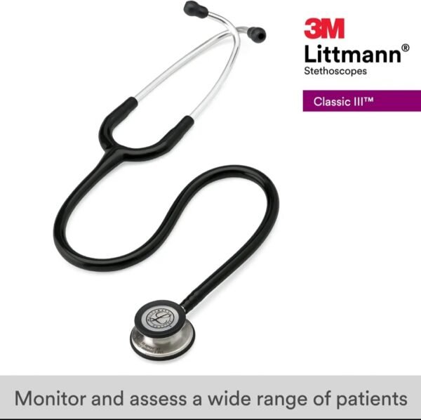 Stethoscope with dual-head chest piece, soft ear tips, and flexible tubing for clear sound transmission.