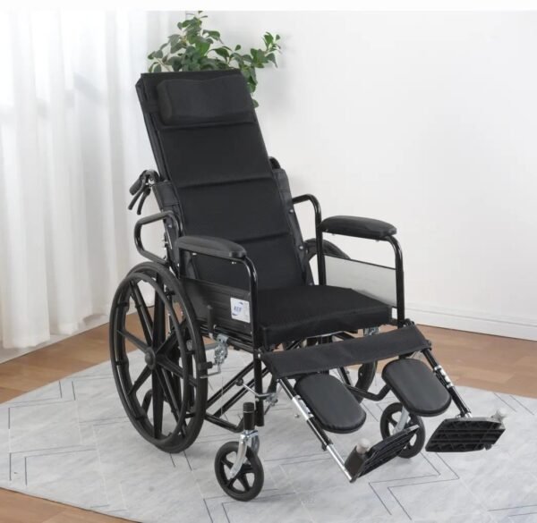 Hydraulic Manual Portable Wheelchair with hydraulic reclining system, foldable design, adjustable footrests, and ergonomic support.